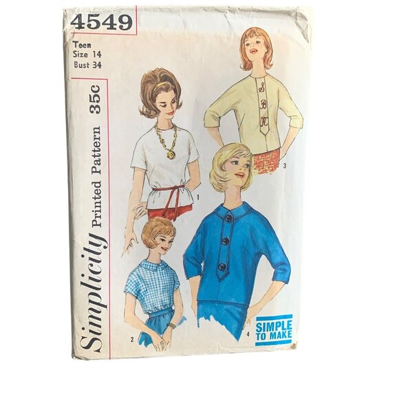 Vintage Simplicity 4549 Sewing Pattern Teen Size 14 Blouse - Picture 1 of 2
